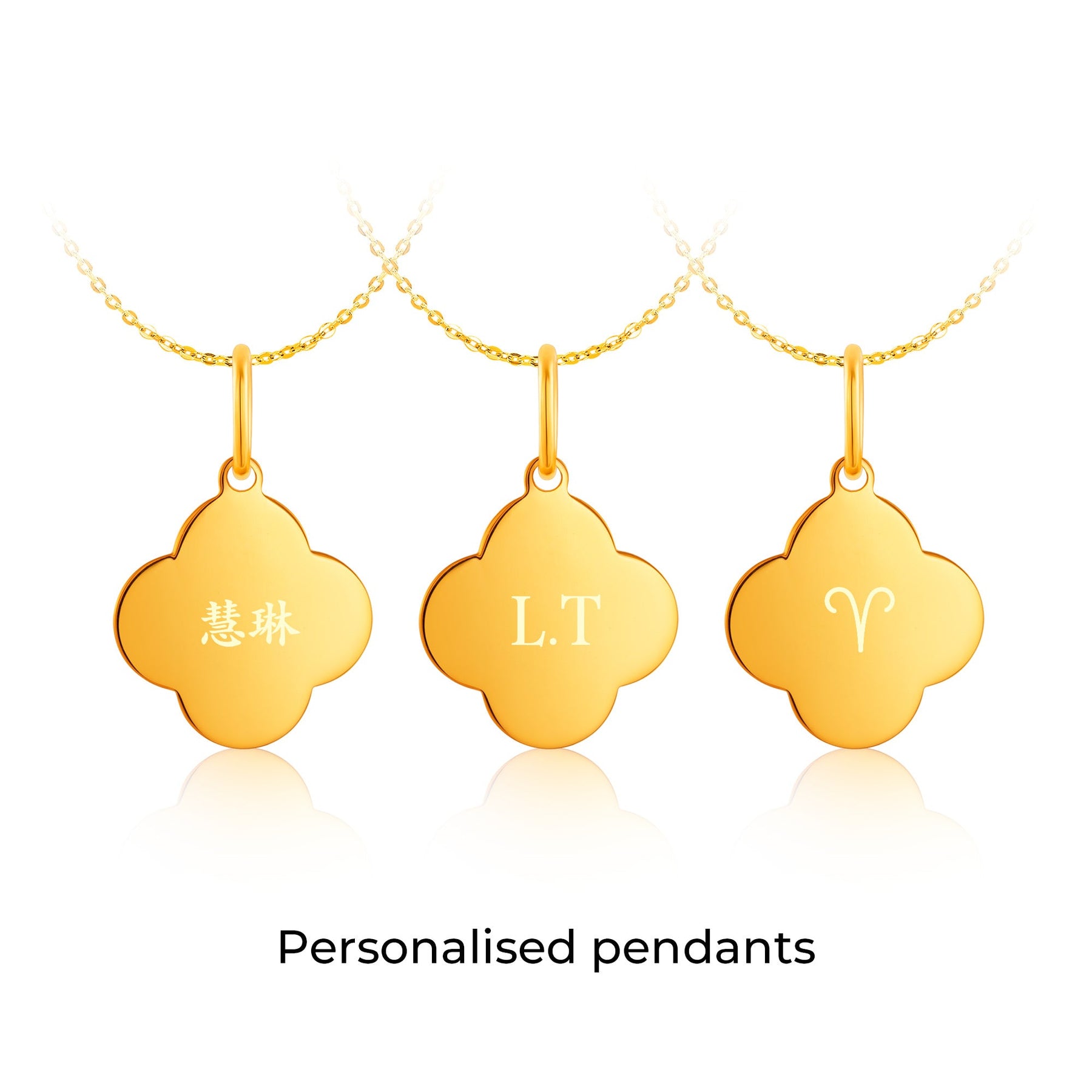 14K gold clover timeless infinity pendant with engraved text and horoscope symbol.