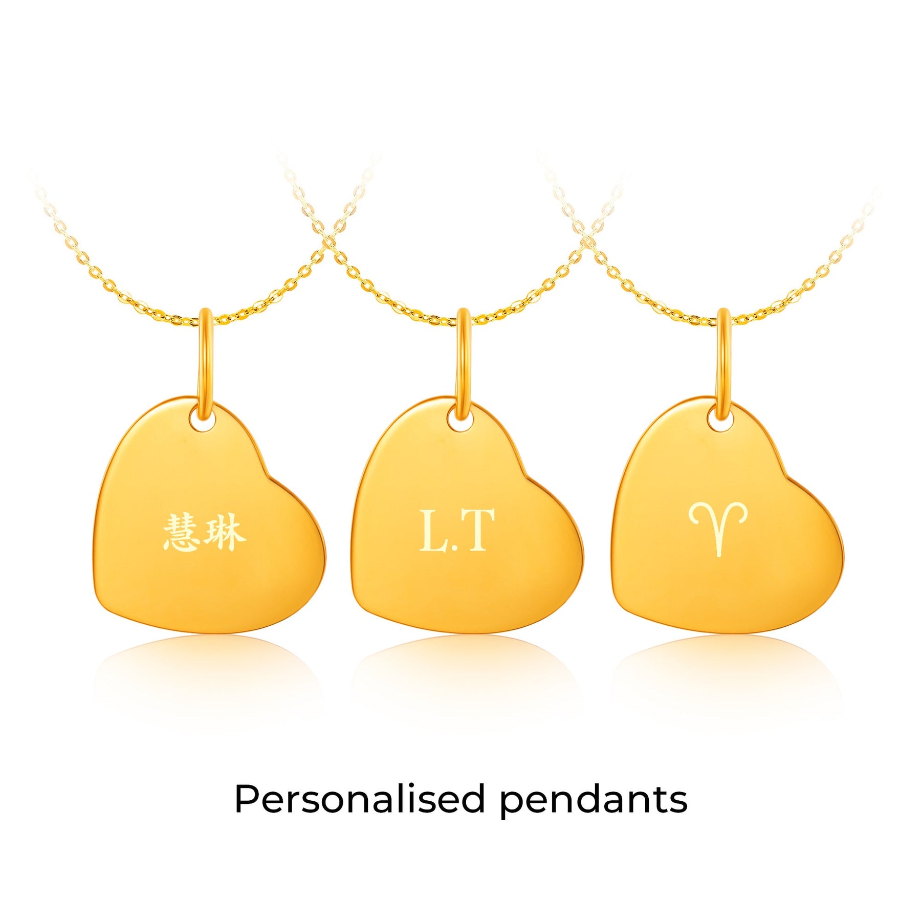 14K gold heart timeless infinity pendant with engraved text and horoscope symbol.