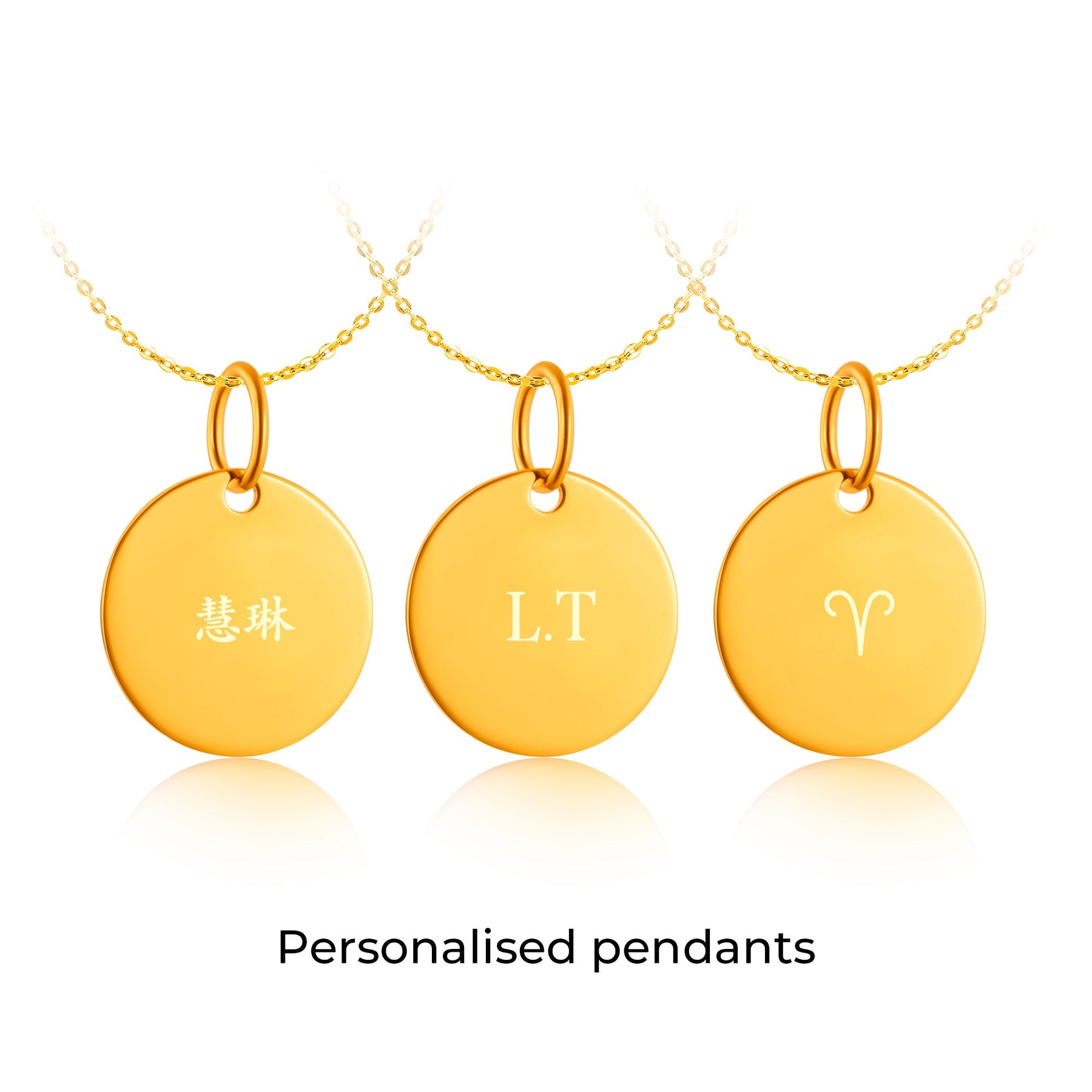 14K gold round timeless infinity pendant with engraved text and horoscope symbol.
