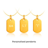 14K gold tag timeless infinity pendant with engraved text and horoscope symbol.