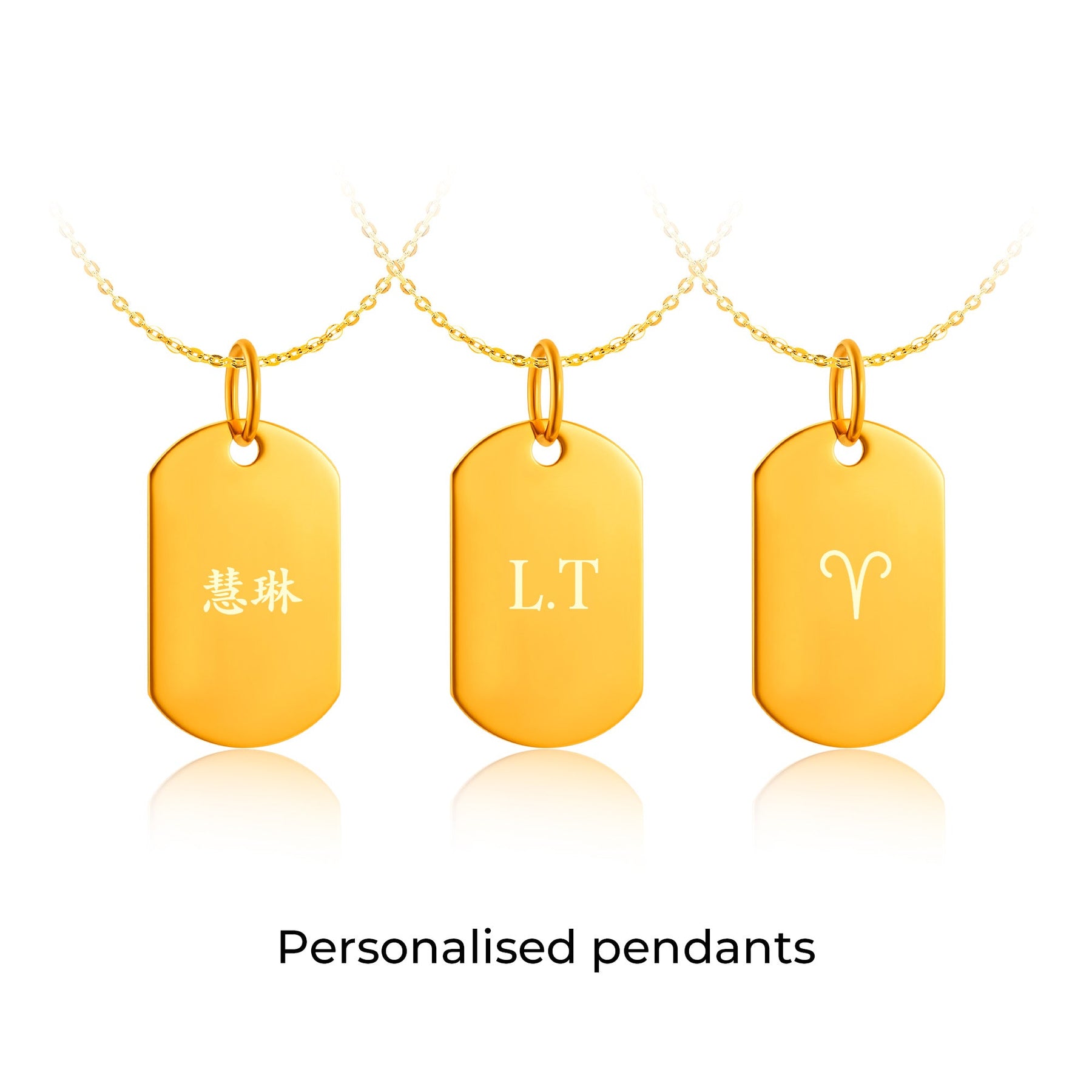 14K gold tag timeless infinity pendant with engraved text and horoscope symbol.