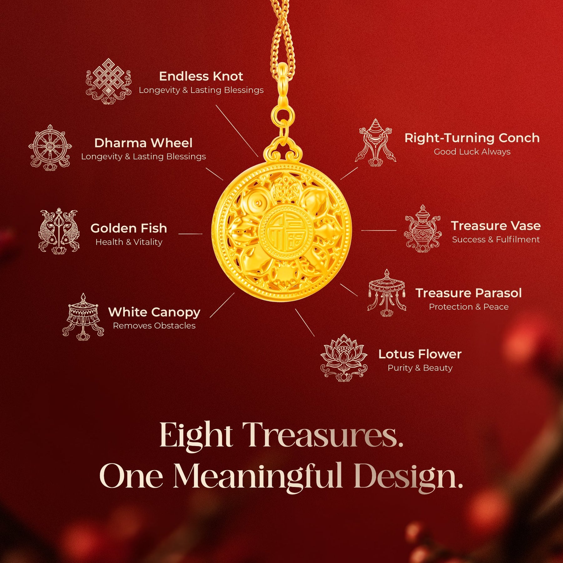 916 Gold 八宝罗盘 Eight Treasures Charm Pendant