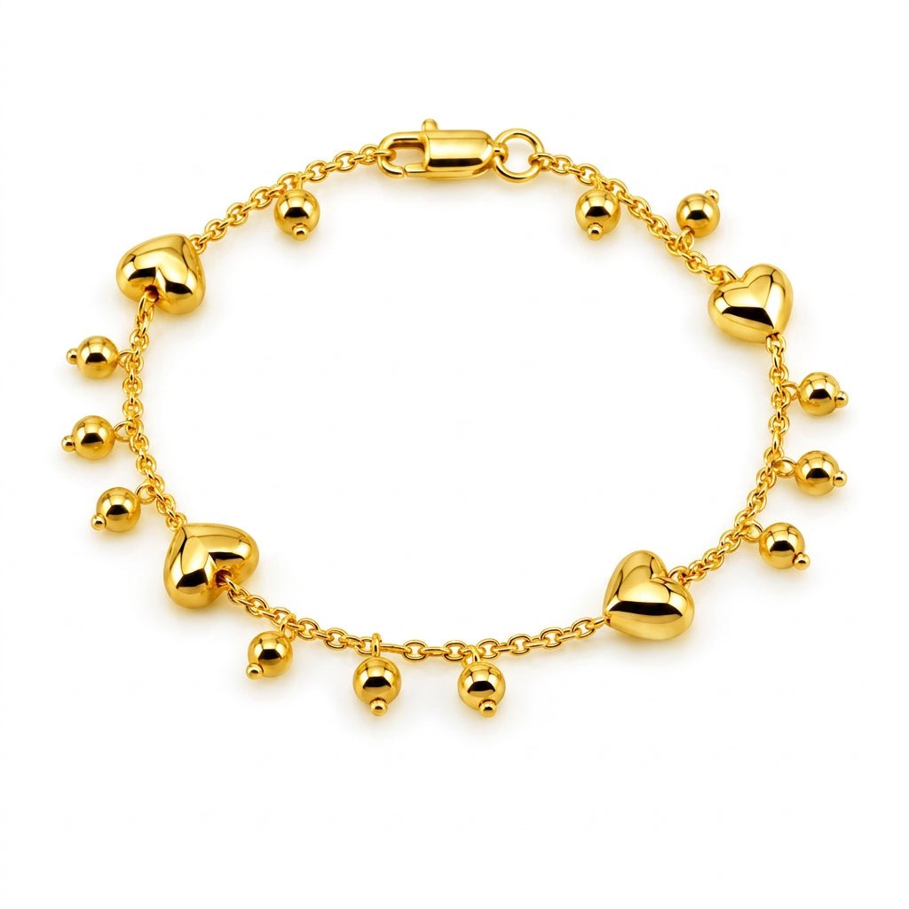 916 Gold Heart and Bead Charm Bracelet
