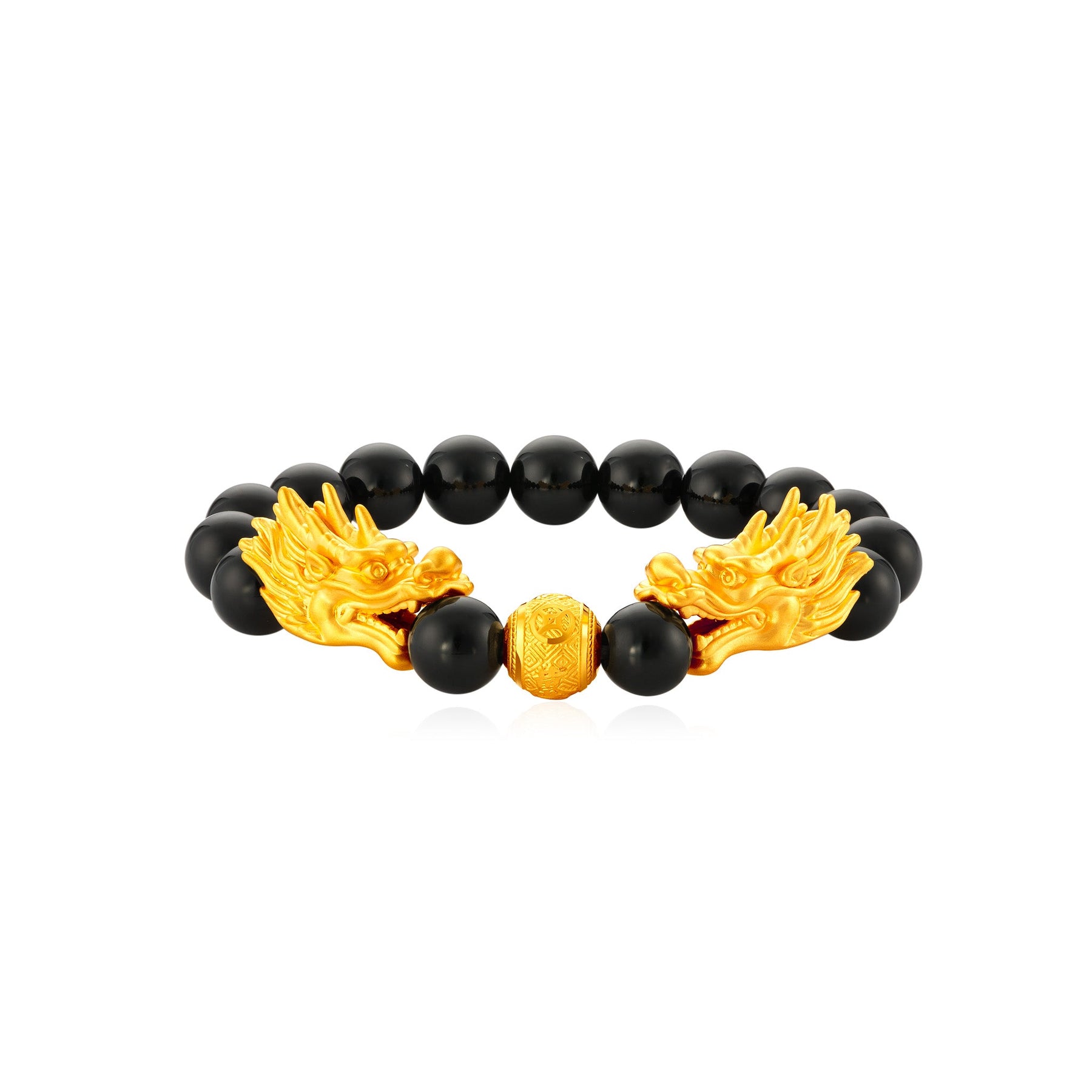 999 Gold Double Dragon with Black Agate Beads Bracelet