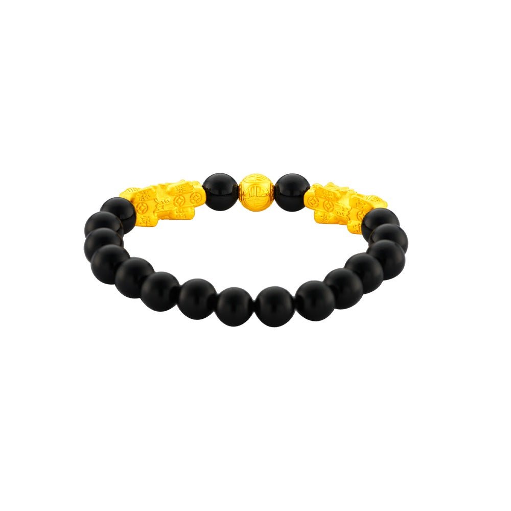 999 Gold Double Pixiu with Black Agate Beads Bracelet