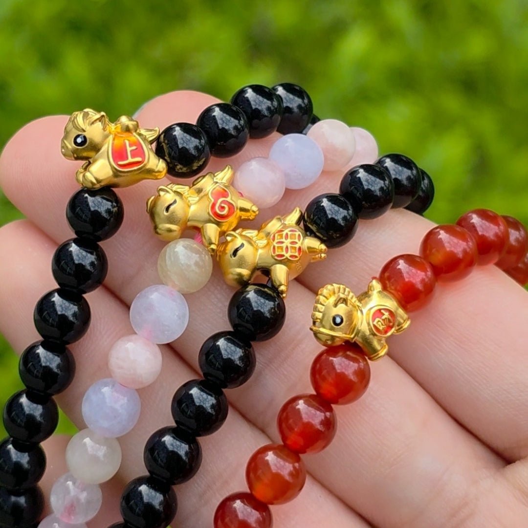 999 Gold Mini Horse 马到功成 with Auspicious Beads Bracelet