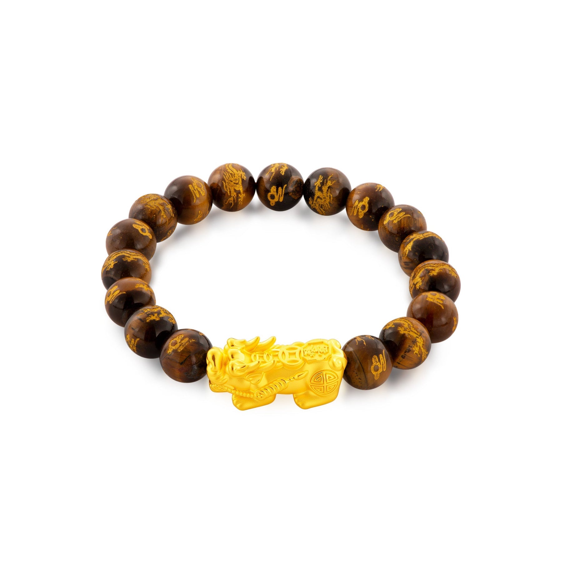 999 Gold Pixiu with Gold Dragon Tiger's Eye Bead Bracelet