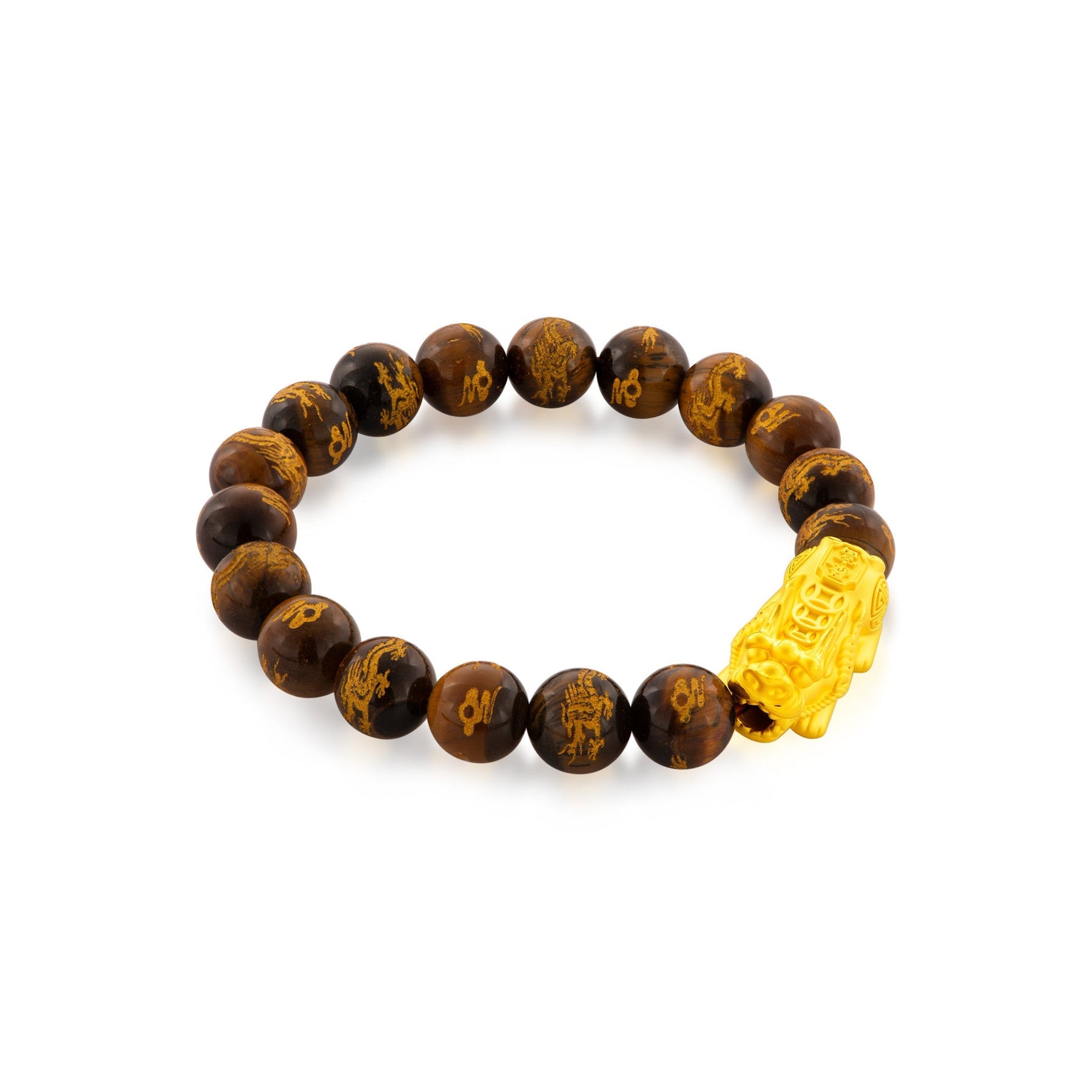 999 Gold Pixiu with Gold Dragon Tiger's Eye Bead Bracelet