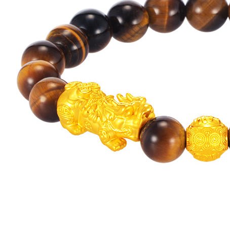 999 Pure Gold Double Pixiu 貔貅 with Wealth Ball and Tiger's Eye Bracelet