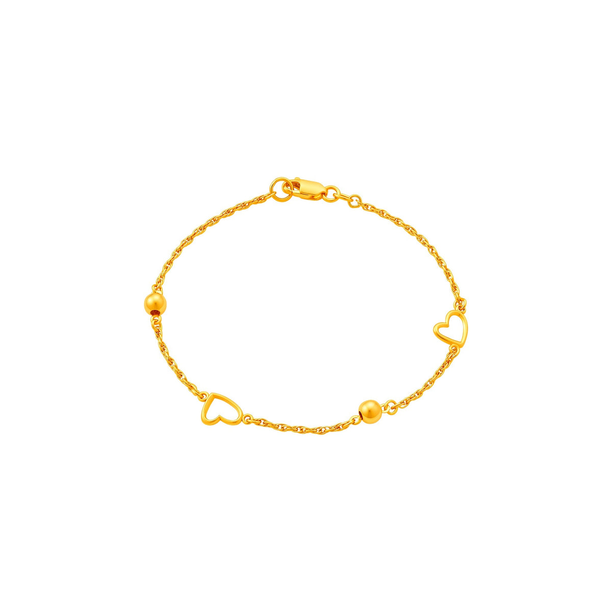 916 Gold Open Heart & Bead Bracelet, circular front view