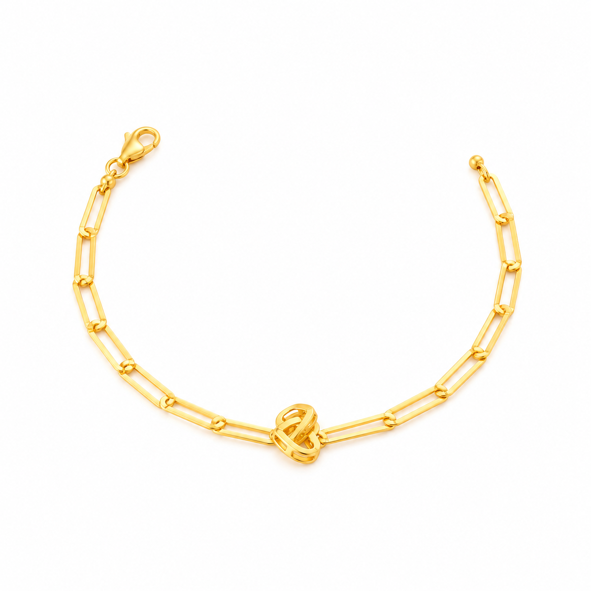 916 Gold Paperclip Knot Bracelet in C smiley style with clasp at 11 o'clock