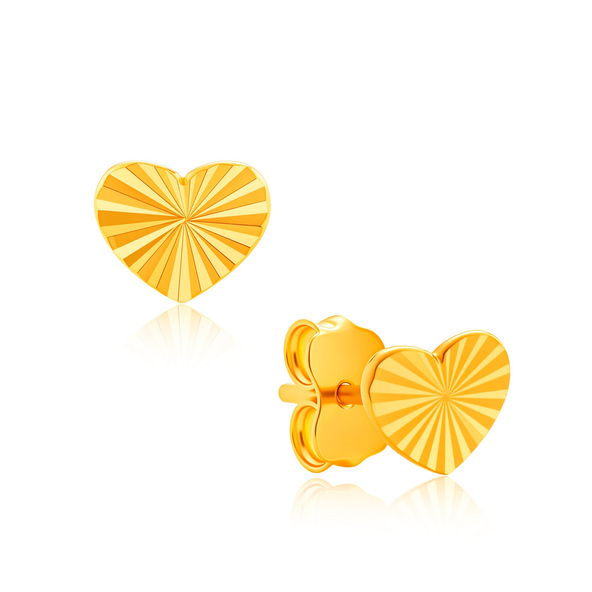 916 Gold Radiant Heart Stud Earrings — front design and butterfly back views