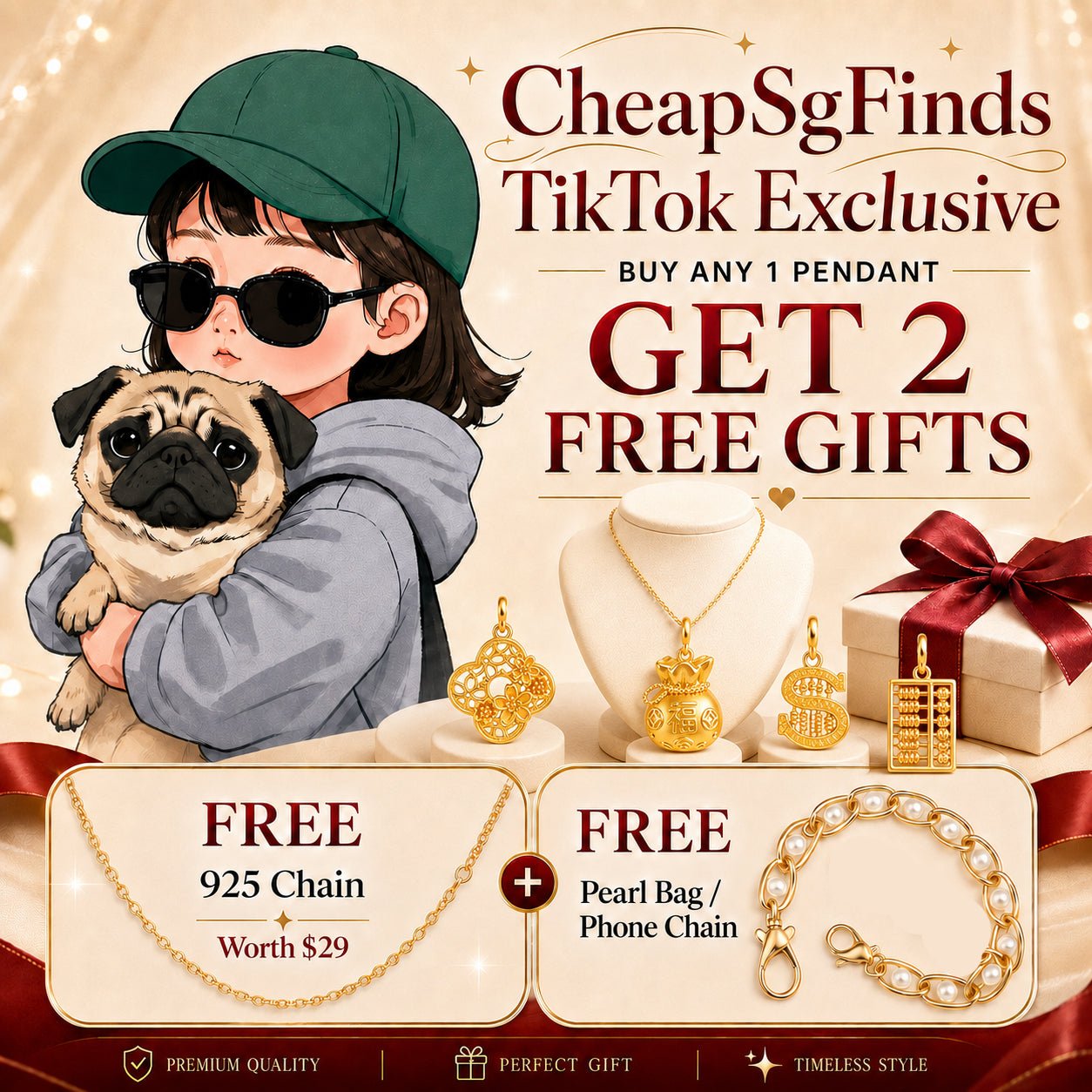 [CheapSgFinds Exclusive] 916/999 Gold Pendant Bundle | Free 925 Chain + Pearl Bag Chain (For TikTok)
