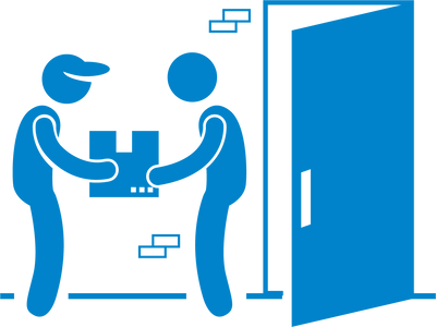 Two people exchanging a package in front of an open door