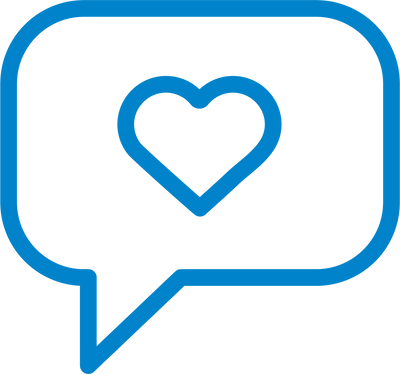 Blue speech bubble with a heart inside on a white background