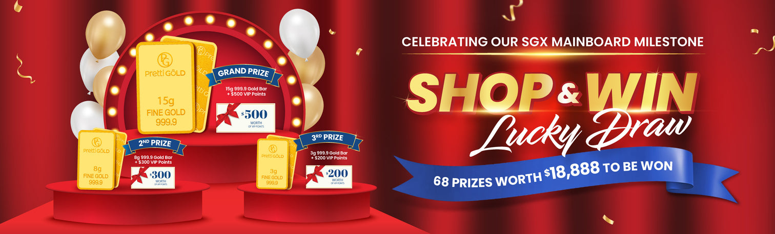 Promotional banner for a shop and win lucky draw event with prizes on red stands.