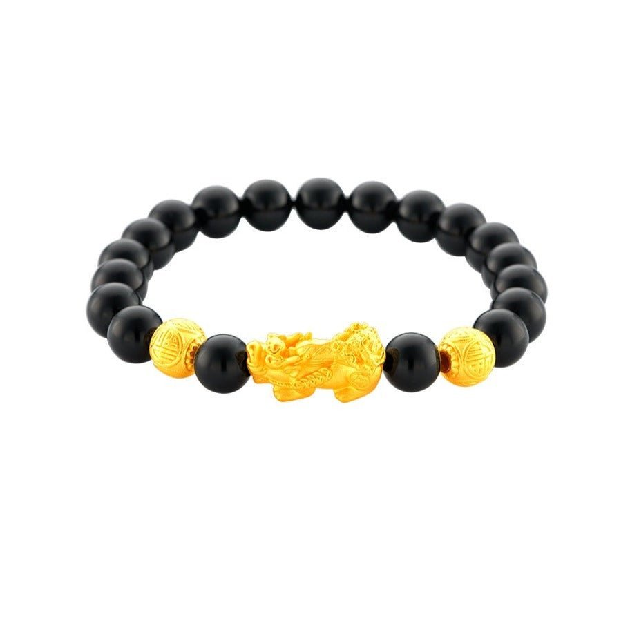 999 Gold Pixiu with Double Wealth Balls Black Agate Bracelet