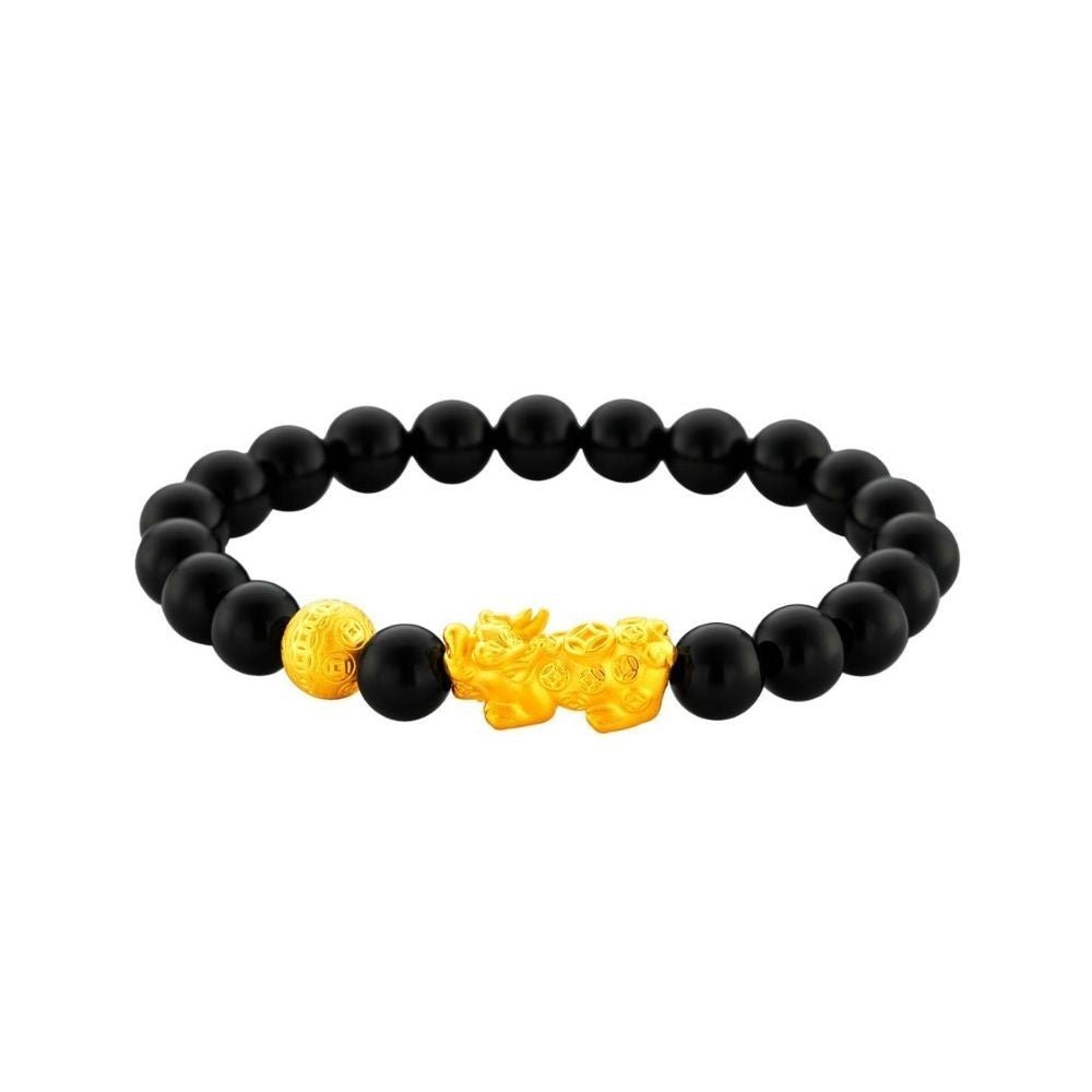 999 Gold Pixiu with Golden Ball and Black Agate Beads Bracelet