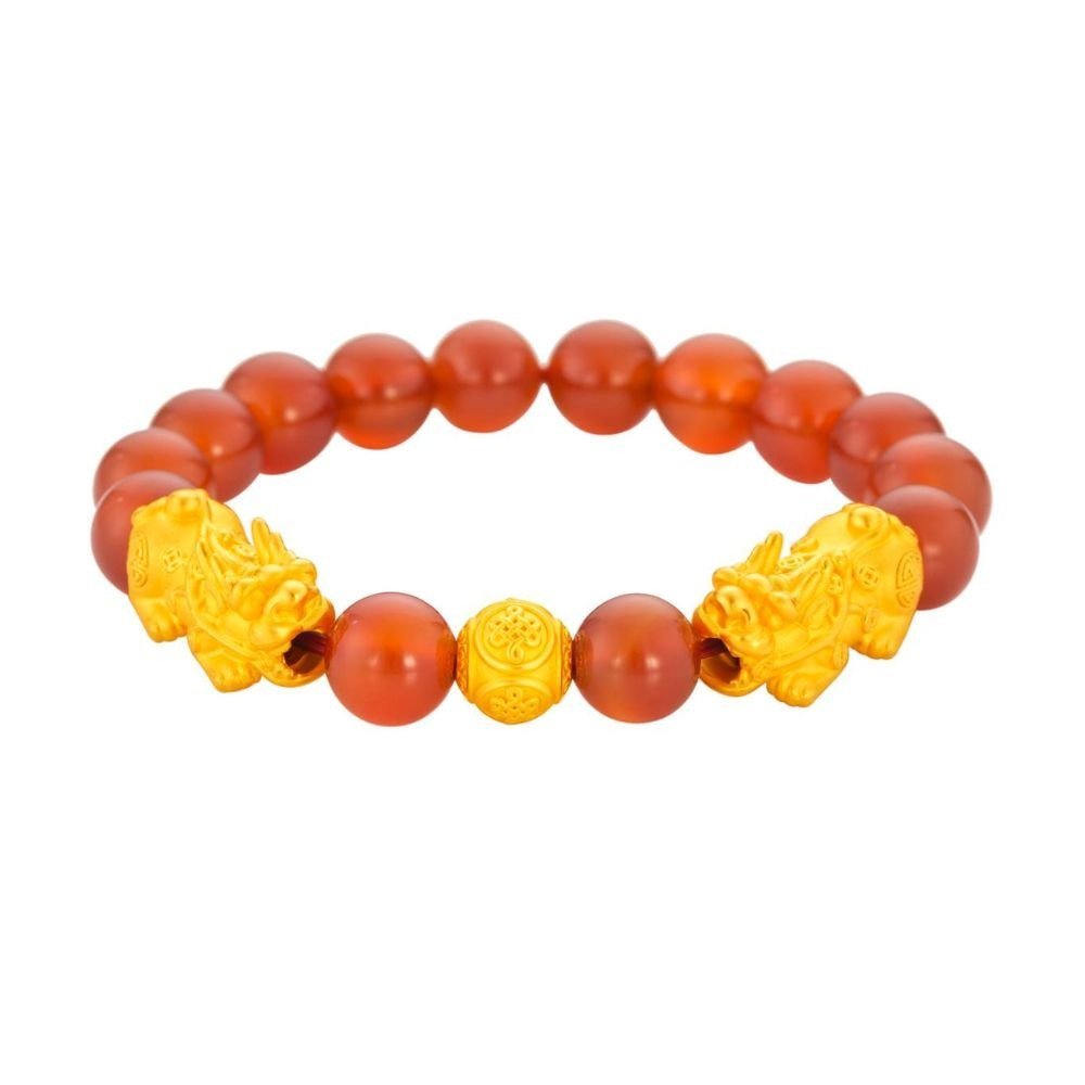 999 Pure Gold Double Pixiu 貔貅 with Wealth Ball and Red Agate Bracelet
