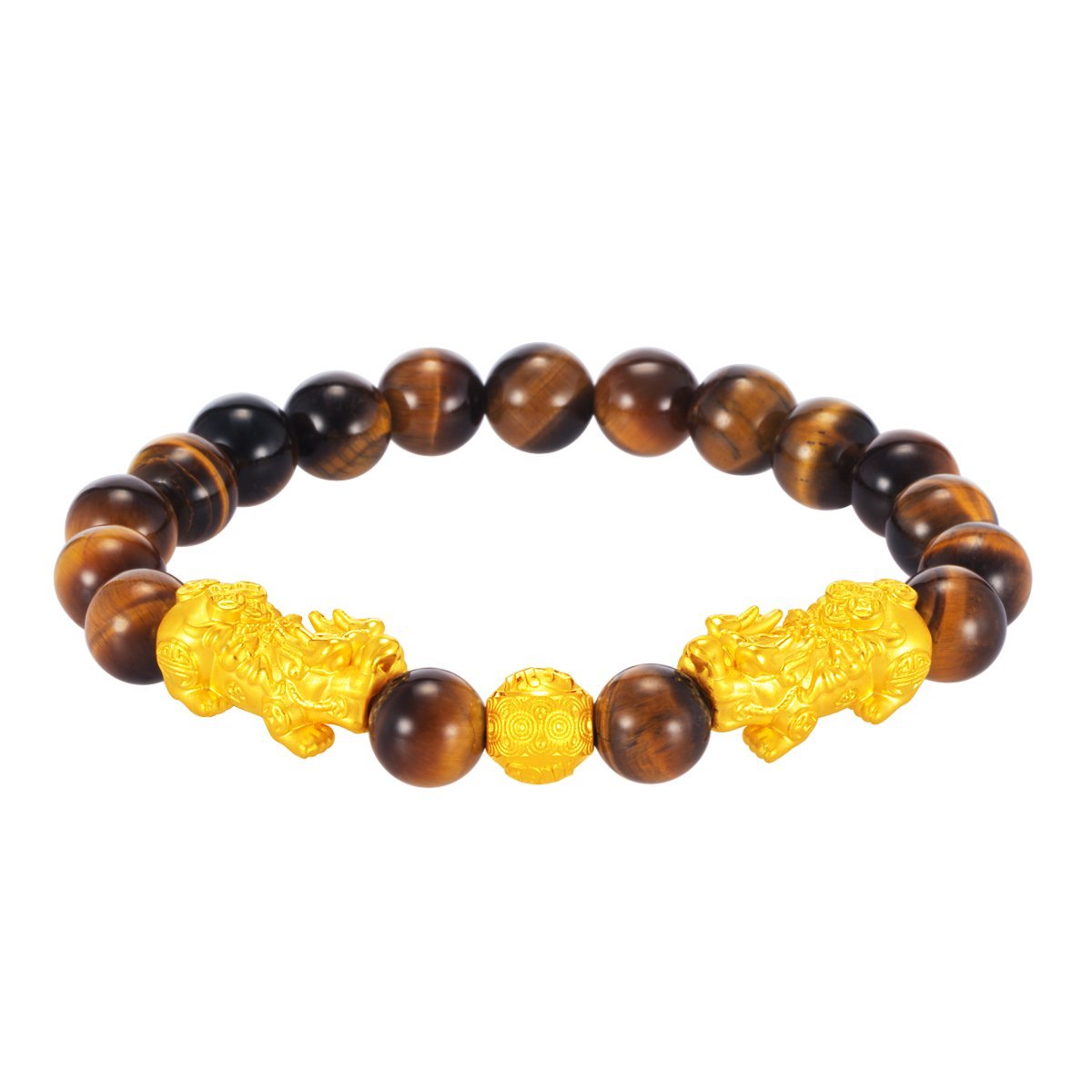 999 Pure Gold Double Pixiu 貔貅 with Wealth Ball and Tiger's Eye Bracelet